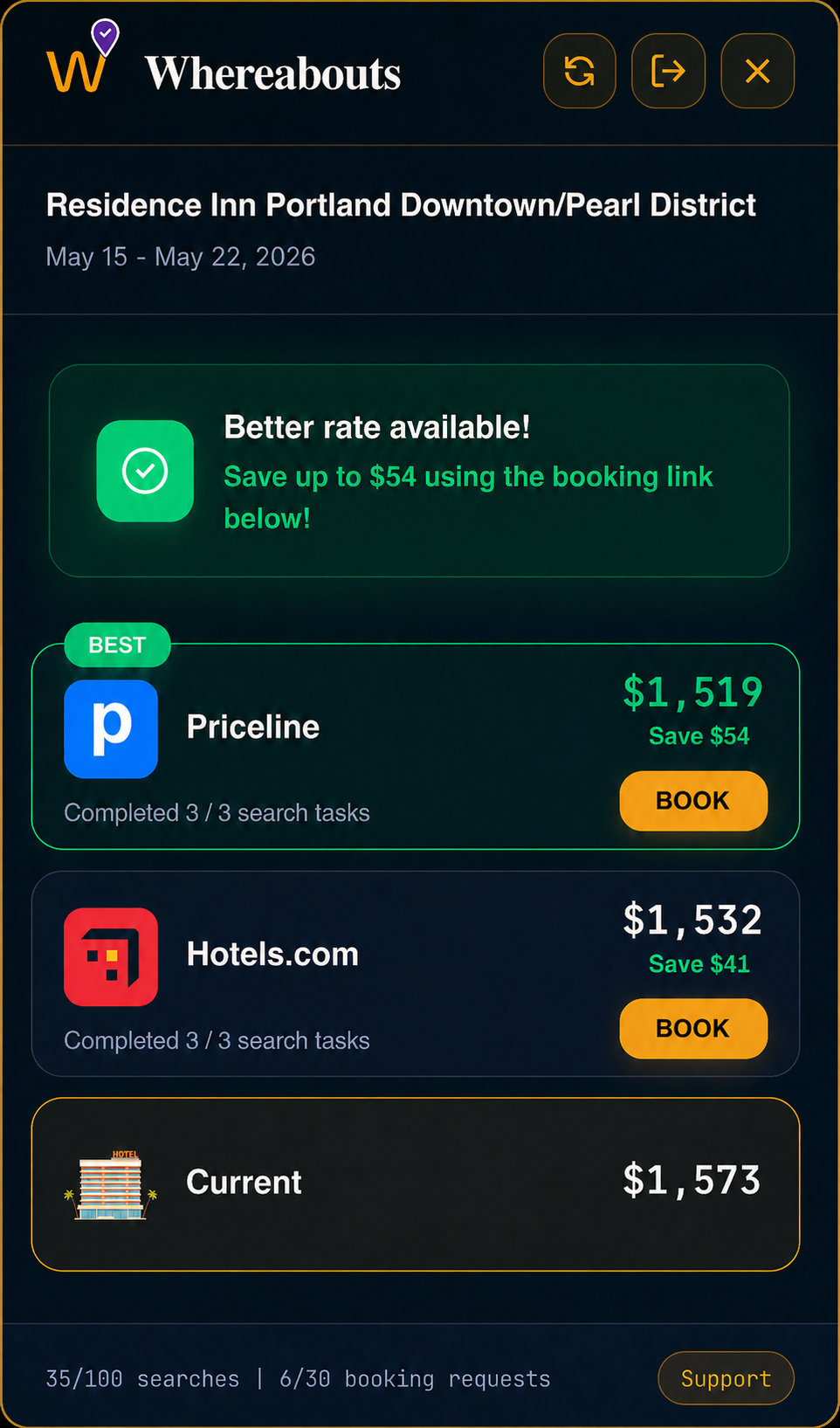 Whereabouts side panel showing Hotels.com and Priceline deal results