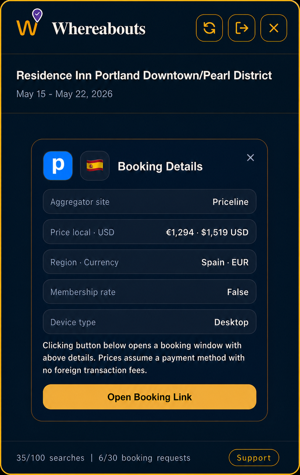 Whereabouts booking details panel showing Priceline, Spain, and EUR details